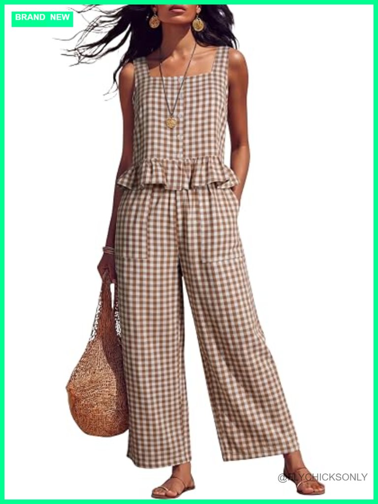 Women's 2 Piece Pant Set - Gingham Square Neck Crop Top & Wide Leg Pants Lounge